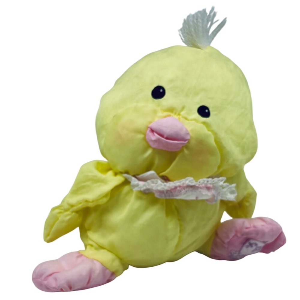 Vintage Fisher-Price Puffalump Chick Yellow Baby Easter Duck Plush Lace Bib 1986